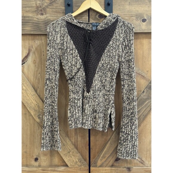 Vintage 90s Y2K Brown Knit Women’s Sz M Bell Sleeve Pullover Hooded Sweater - Picture 2 of 5